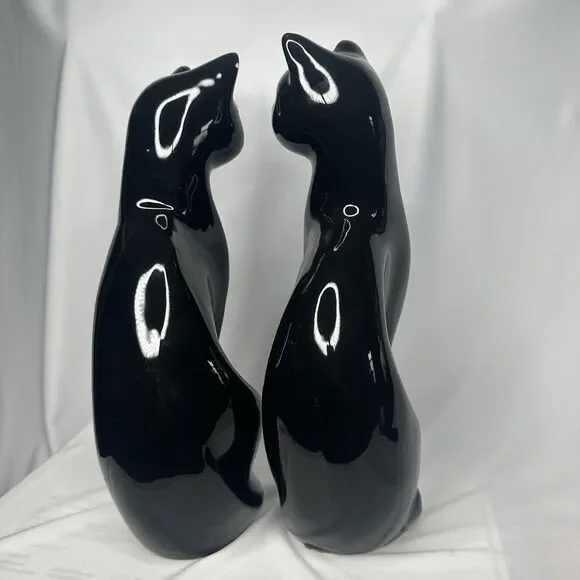 VTG Artmark Fine Ceramic Midnight Shadows Pair of Black Cats Green Eyes 12.5 in - Picture 7 of 12